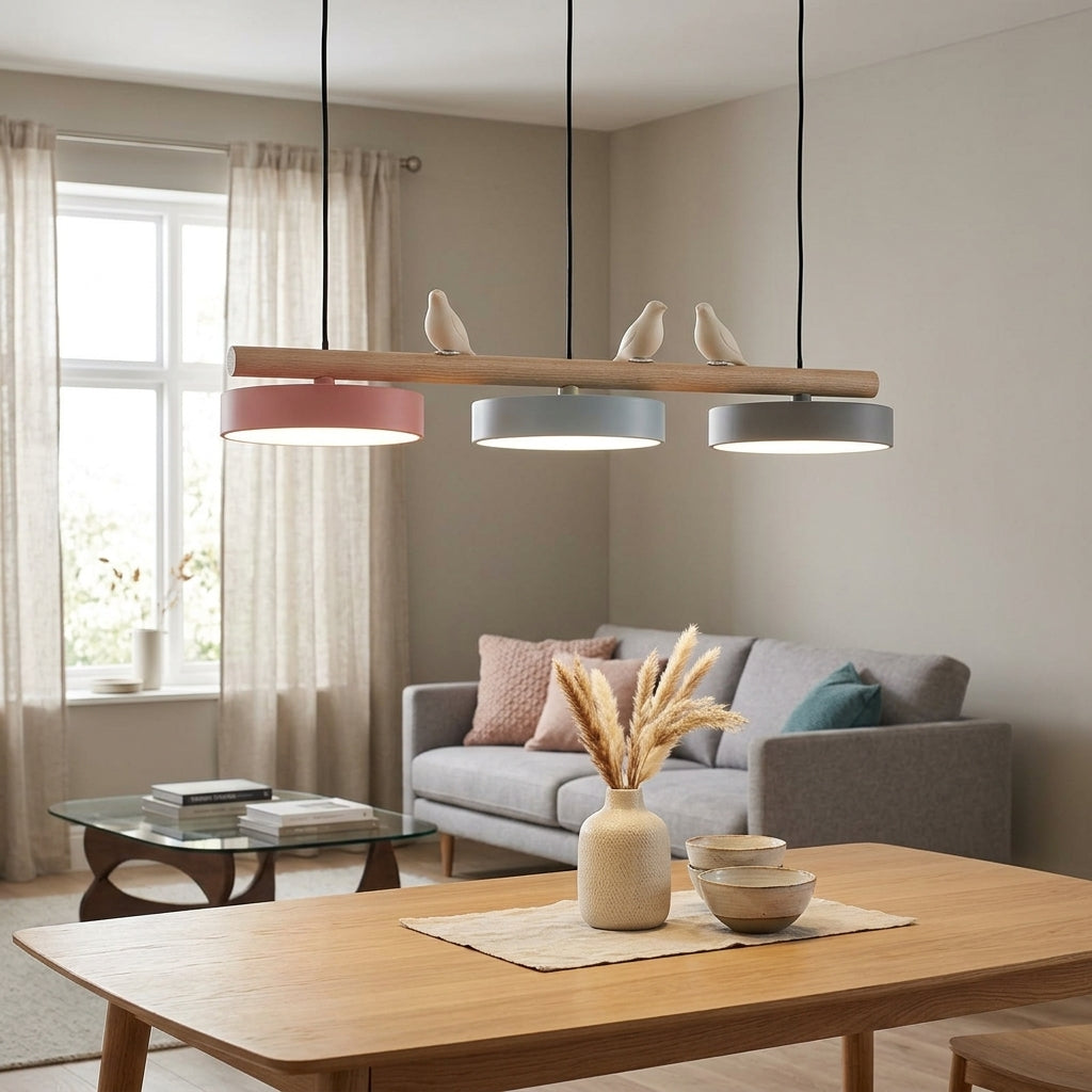 Hanglamp Hout Design Vogelvorm Drie Kappen Scandinavisch Keukeneiland | Sansoti