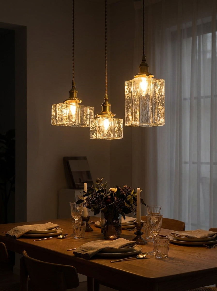 Vintage Hanglamp met Gegolfd Glas & IJzeren Armatuur – Vierkant/Rechthoekig – Scandinavisch Design voor Woonkamer | Sansoti
