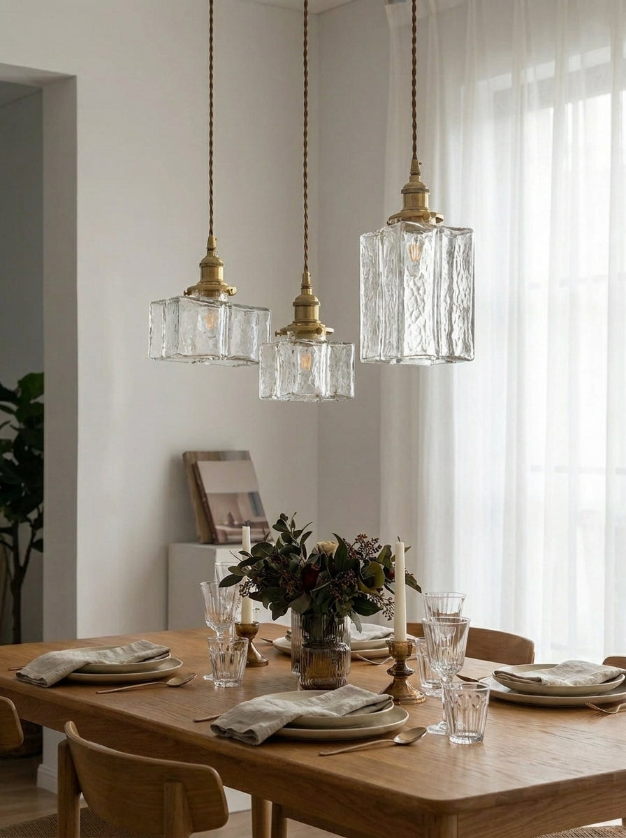 Vintage Hanglamp met Gegolfd Glas & IJzeren Armatuur – Vierkant/Rechthoekig – Scandinavisch Design voor Woonkamer | Sansoti