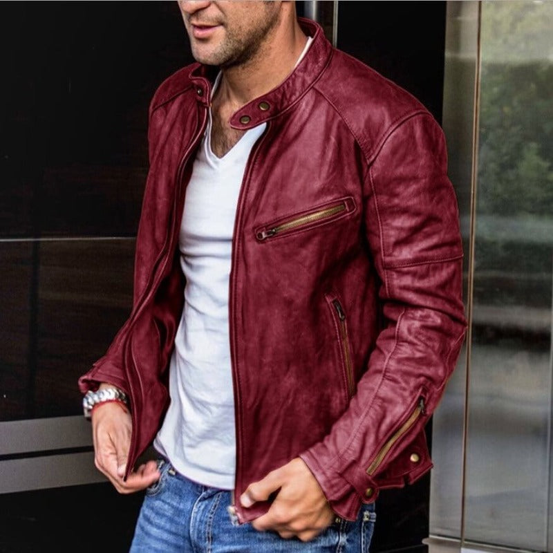 Lederjacke für Herren, wasserabweisend, Stehkragen, Reißverschluss, klassisches Design, Regular Fit, lässige Herbstmode XS-3XL | Sansoti