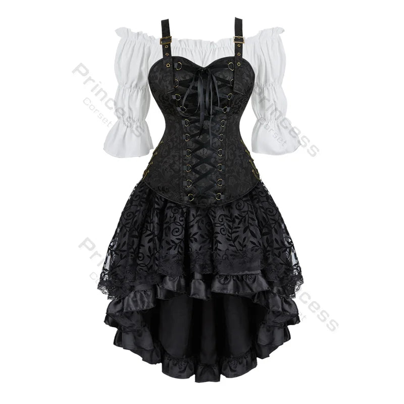 Pirate Corset Costume Set Faux Leather Off-Shoulder Blouse Layered Skirt Steampunk Gothic Halloween Costume | Sansoti