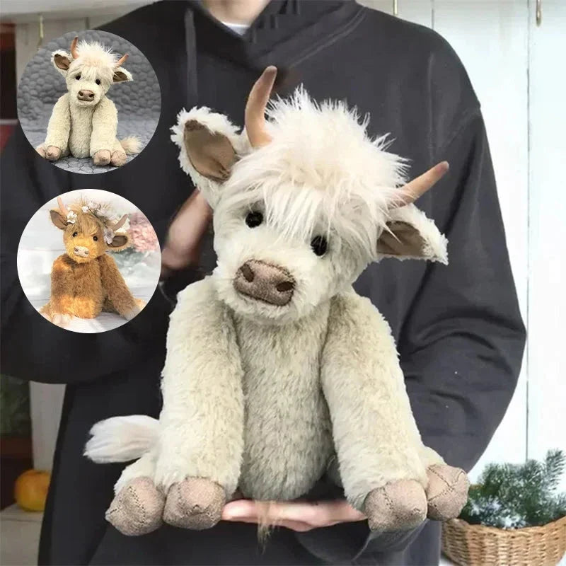 Peluche vache des Highlands avec couronne de fleurs, faite main, en laine d’alpaga, figurine décorative de 25cm, vache écossaise, accessoire de décoration intérieure | Sansoti