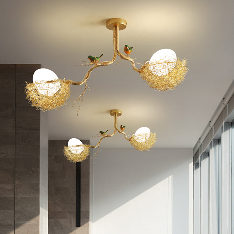 Gouden Hanglamp met Melkwit Glazen Bol en Vogelnest – Decoratieve Kroonluchter 1-3 Lichtpunten Sierverlichting Eetkamer Woonkamer | Sansoti