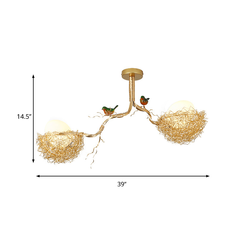 Gouden Hanglamp met Melkwit Glazen Bol en Vogelnest – Decoratieve Kroonluchter 1-3 Lichtpunten Sierverlichting Eetkamer Woonkamer | Sansoti