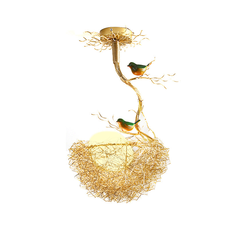 Gouden Hanglamp met Melkwit Glazen Bol en Vogelnest – Decoratieve Kroonluchter 1-3 Lichtpunten Sierverlichting Eetkamer Woonkamer | Sansoti