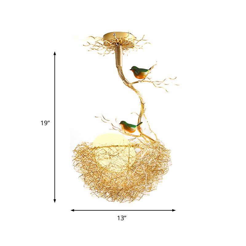 Gouden Hanglamp met Melkwit Glazen Bol en Vogelnest – Decoratieve Kroonluchter 1-3 Lichtpunten Sierverlichting Eetkamer Woonkamer | Sansoti