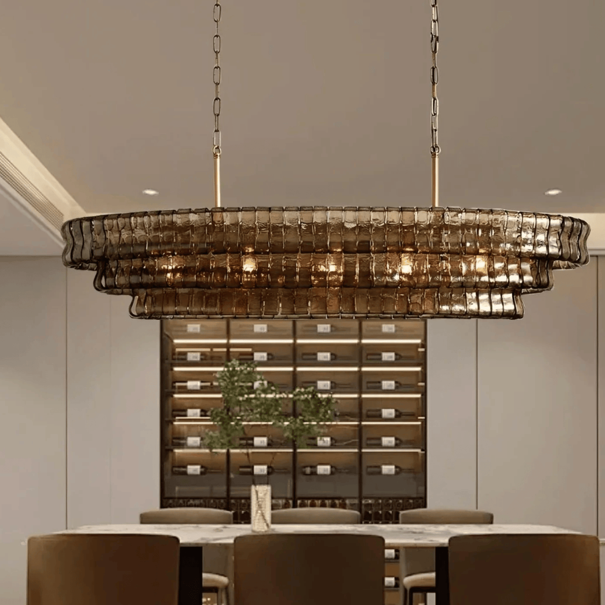 Französischer Kronleuchter aus Rauchglas, Gold, mit verstellbaren Lichtmodi, längliche Form, elegantes Design für Esszimmer und Wohnzimmer | Sansoti