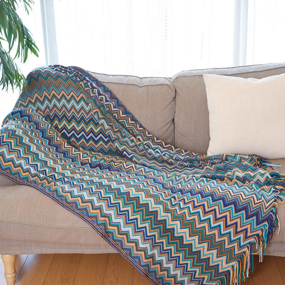 Knitted Throw with Zigzag Fringes – Soft Crochet Blanket for Sofa and Bed, All Seasons, Bohemian Style | Sansoti