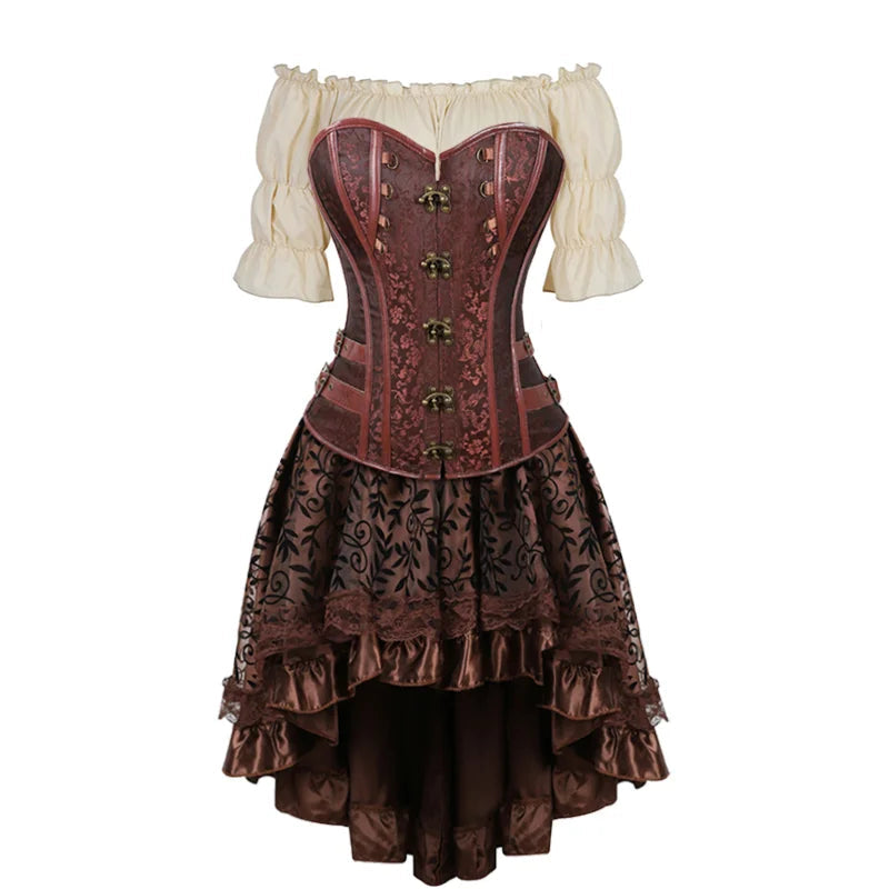 Pirate Corset Costume Set Faux Leather Off-Shoulder Blouse Layered Skirt Steampunk Gothic Halloween Costume | Sansoti