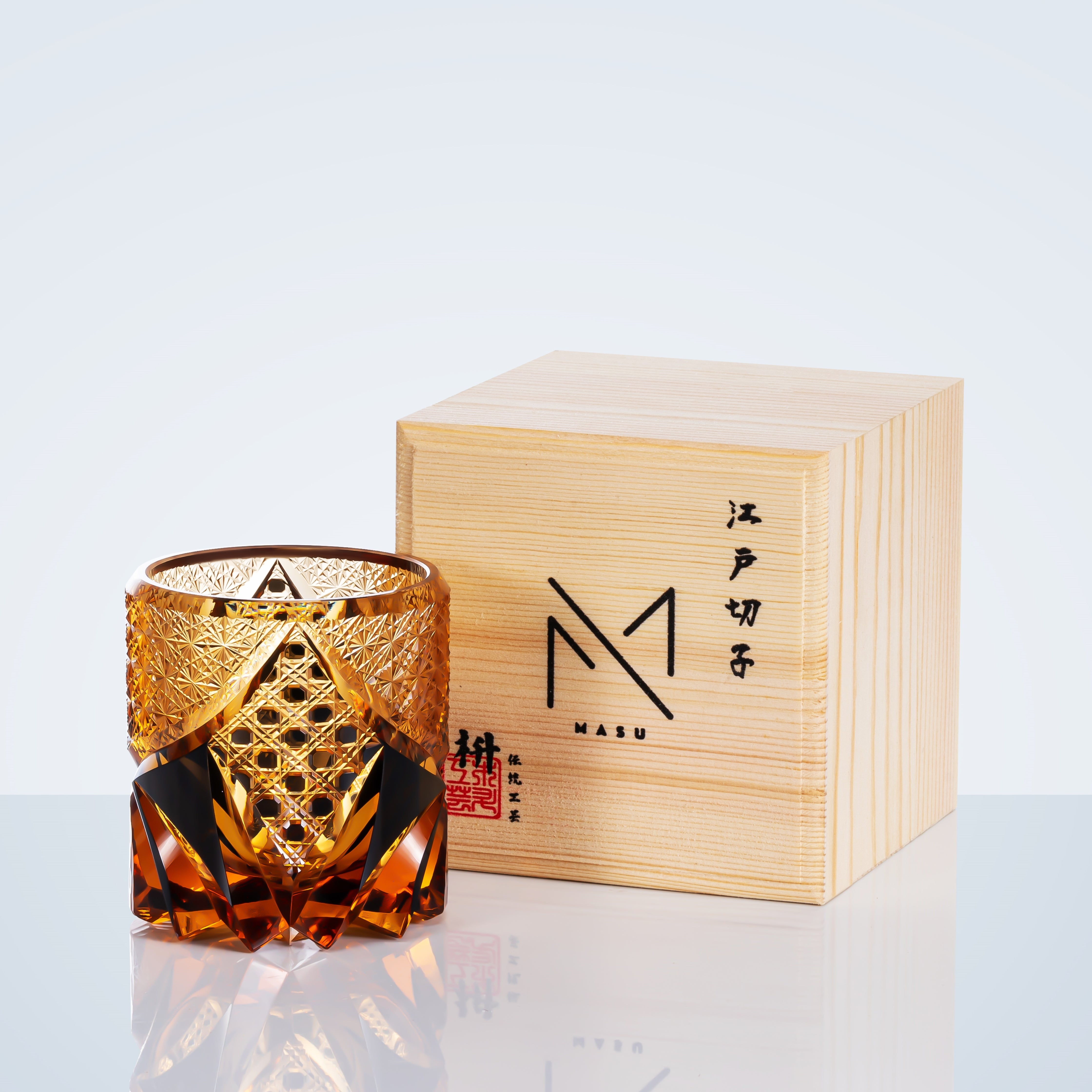Whiskeyglas Edo Kiriko Dark Knight Handgemaakt Donker Amber Japans Kristal Houten Doos | Sansoti