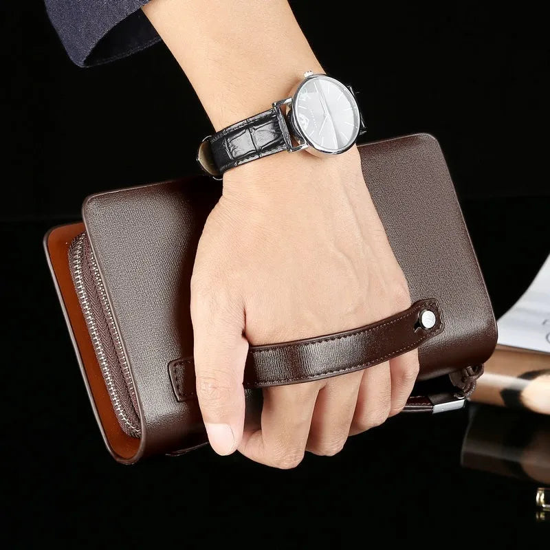 Pochette compacte pour homme avec dragonne, noir et marron, similicuir, compartiments, porte-cartes, portefeuille, organiseur, fermeture éclair | Sansoti