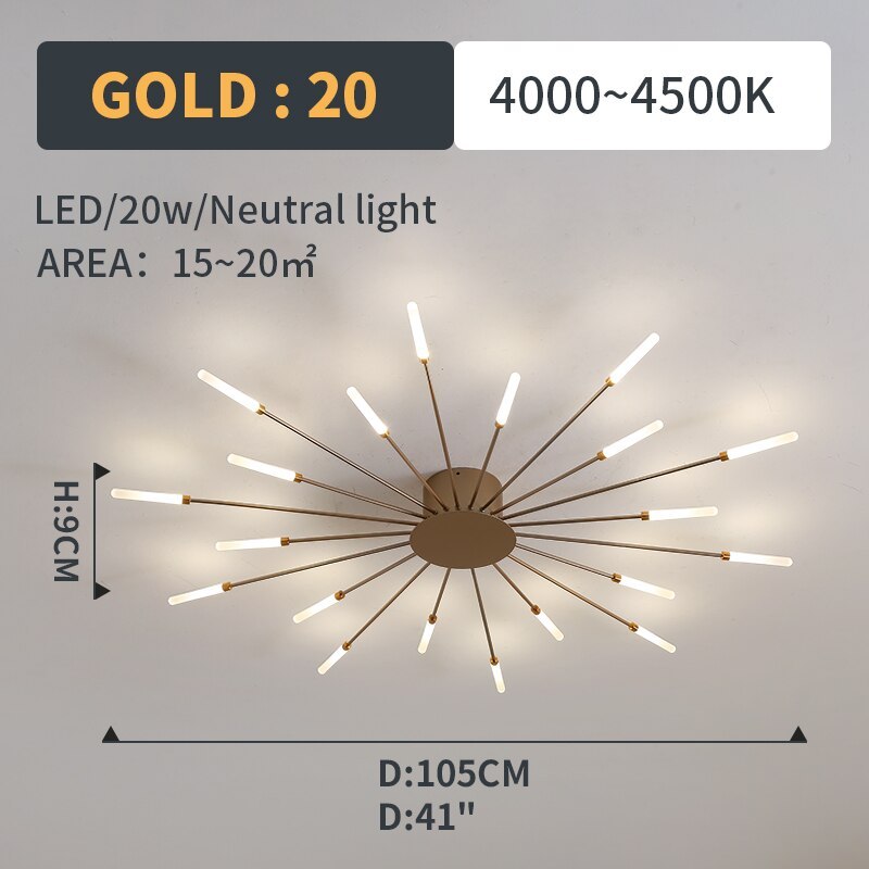 LED Flush-Mount Ceiling Light Firework Starburst Design Metal Acrylic Living Room Bedroom Black Gold Modern | Sansoti