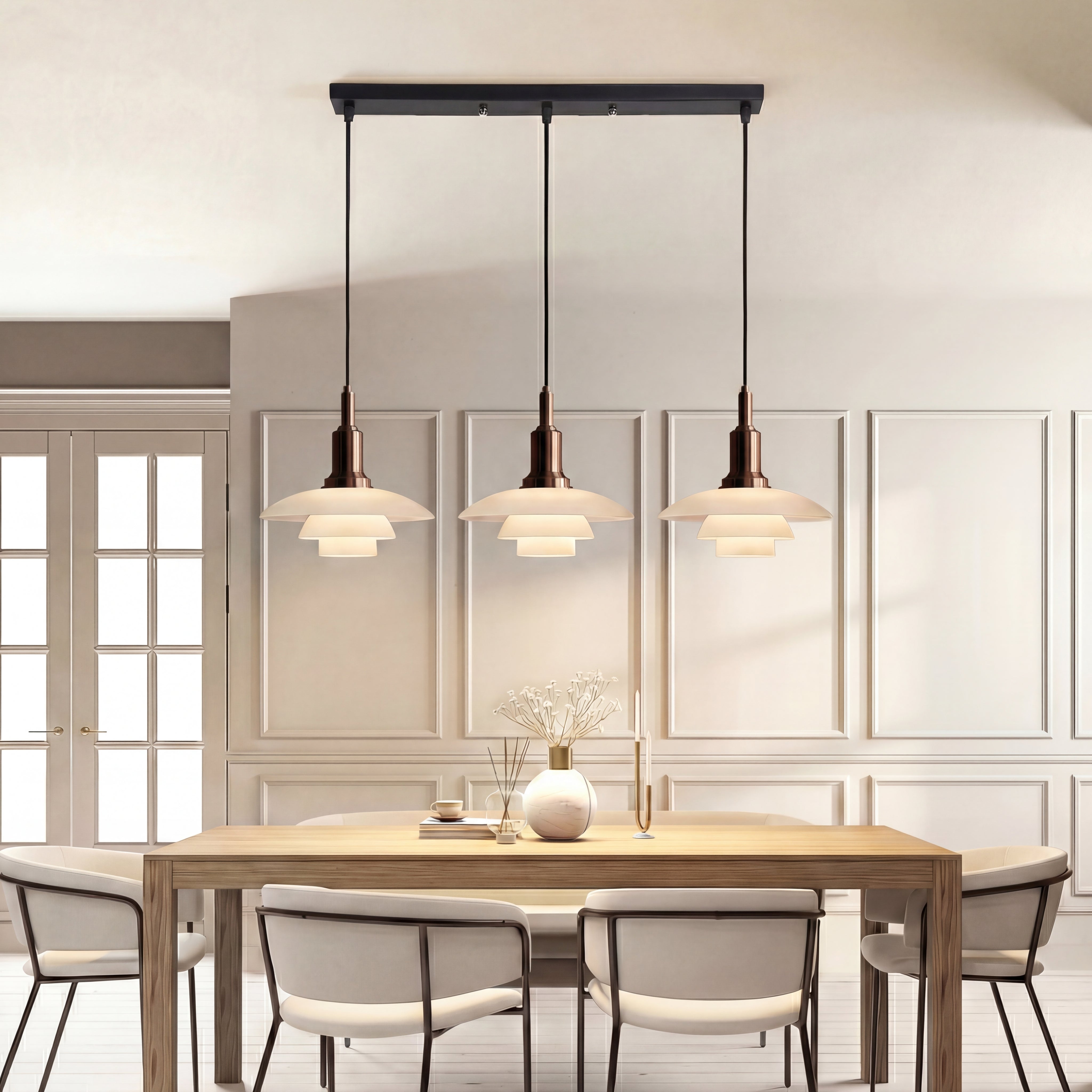 Moderne Hängeleuchte mit verstellbaren Lampenköpfen, E27-Fassung, für Esszimmer und Kücheninsel, stimmungsvolle Beleuchtung aus Eisen und Glas | Sansoti