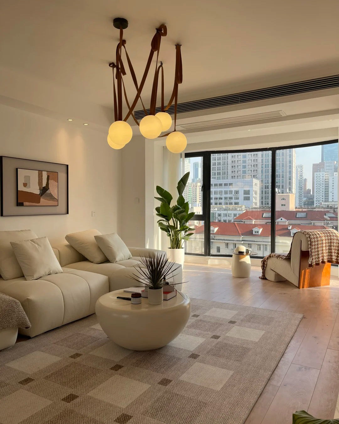 Hanglamp Leer Glas Bollen Luxe Verstelbaar Warm Wit Woonkamer Eetkamer | Sansoti
