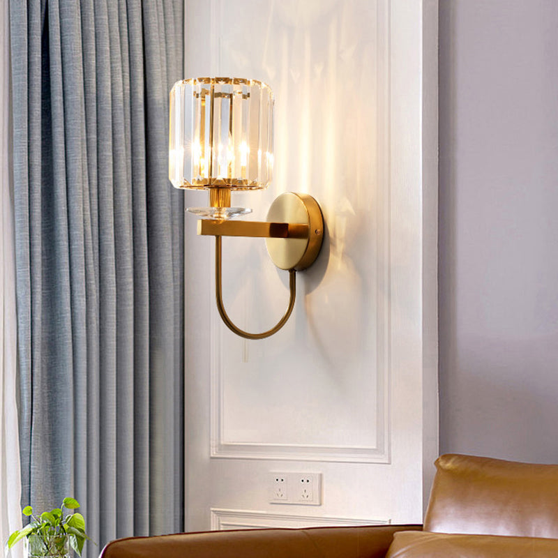 Kristallen Wandlamp Postmodern Gebogen Arm Goudkleurige Afwerking Cilindervormige Kap Decoratieve Verlichting | Sansoti