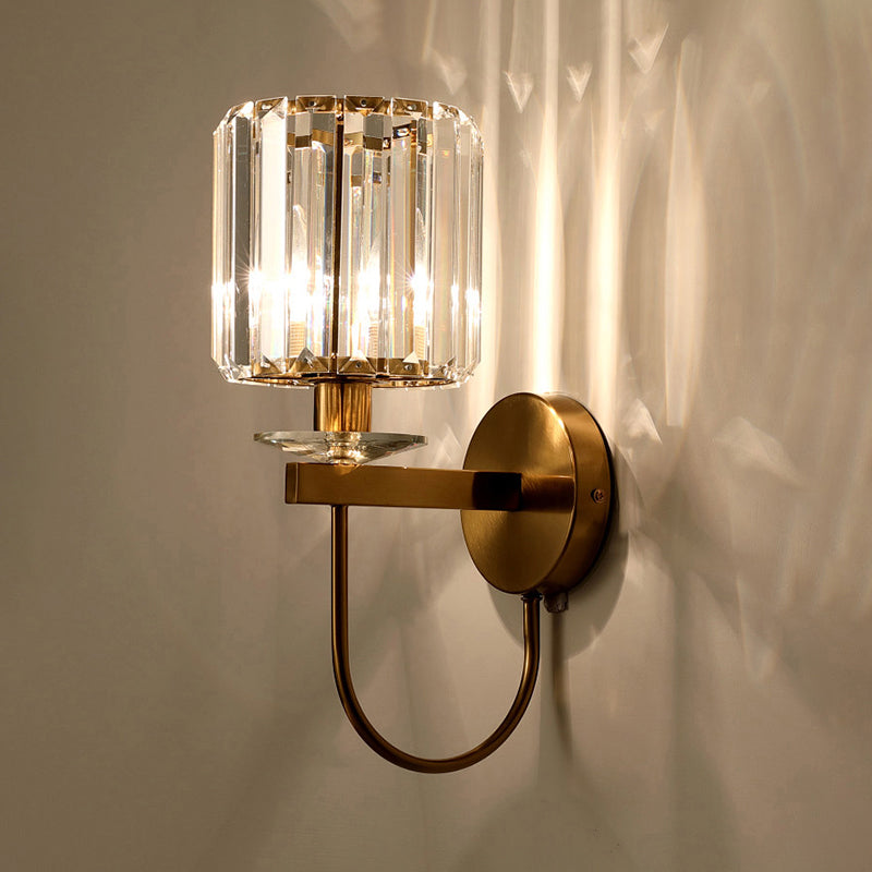 Kristallen Wandlamp Postmodern Gebogen Arm Goudkleurige Afwerking Cilindervormige Kap Decoratieve Verlichting | Sansoti