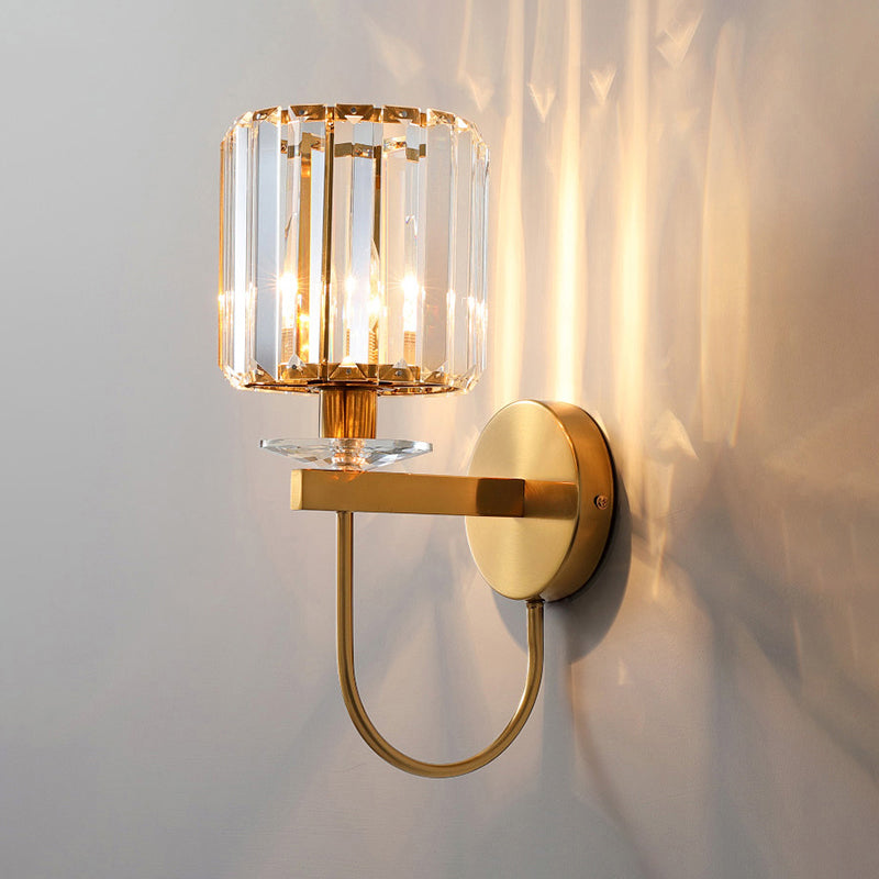Kristallen Wandlamp Postmodern Gebogen Arm Goudkleurige Afwerking Cilindervormige Kap Decoratieve Verlichting | Sansoti