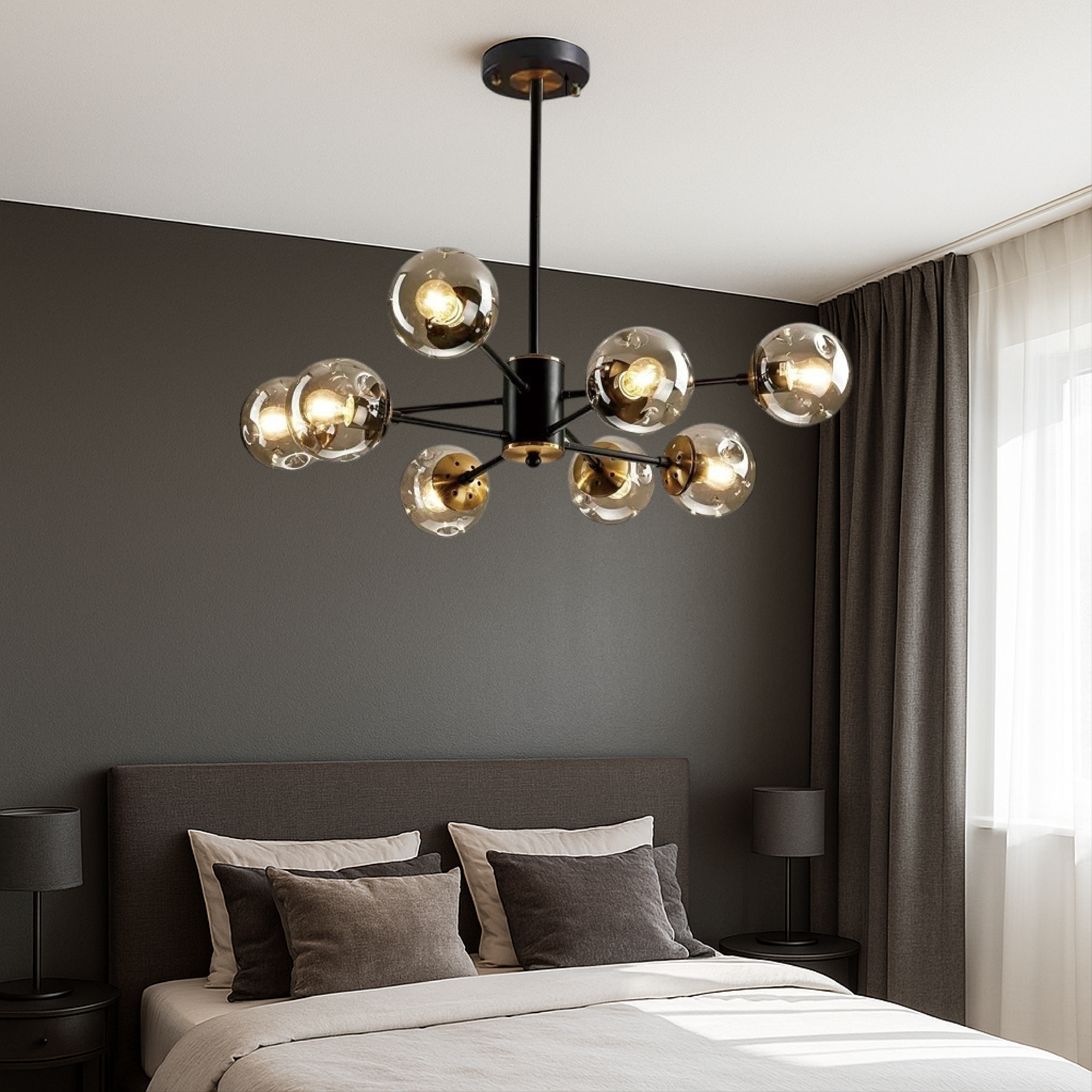 Scandinavische kroonluchter Ida glas ijzer zwart woonkamer eetkamer moderne hanglamp design verlichting bolvormig | Sansoti