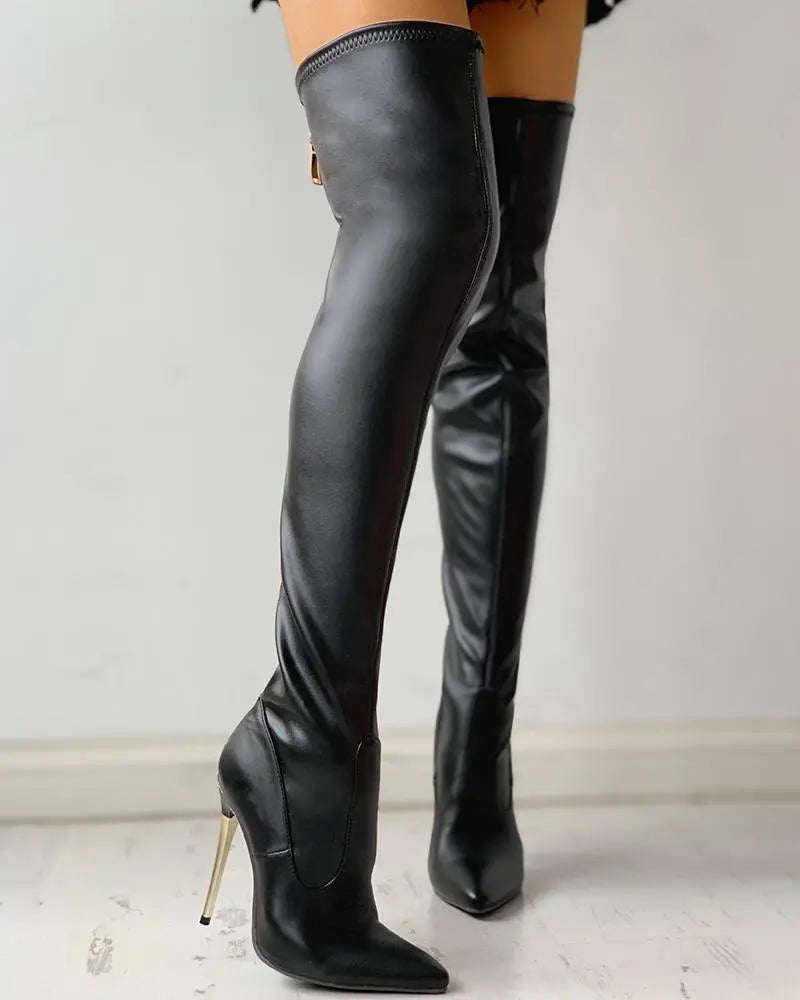 Tall Boots with Zip and Slim Heel - Elegant Black Knee-High Boots - Comfortable Stylish Women's Footwear | Sansoti