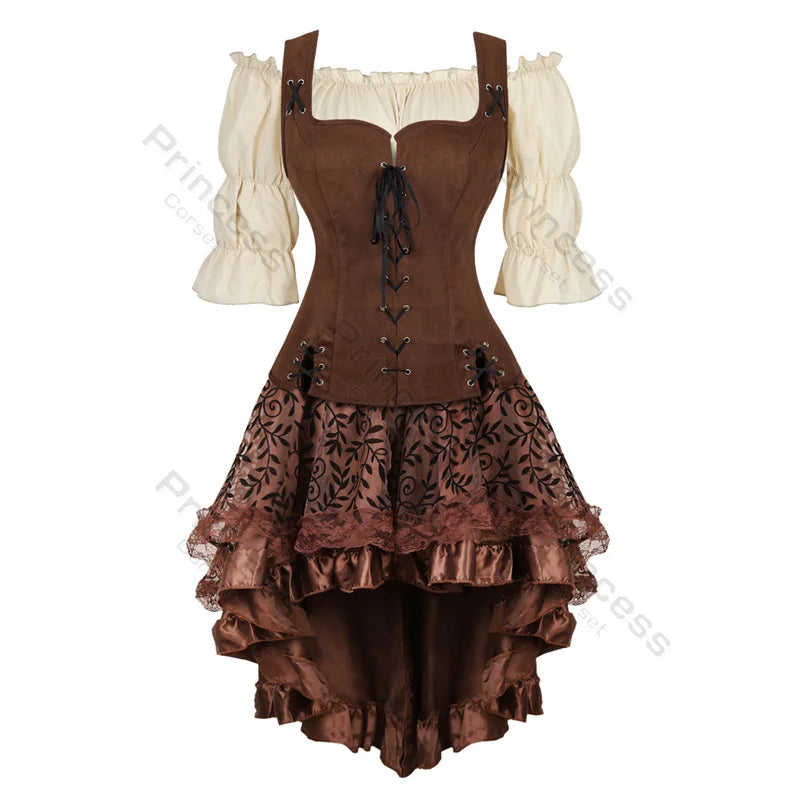Pirate Corset Costume Set Faux Leather Off-Shoulder Blouse Layered Skirt Steampunk Gothic Halloween Costume | Sansoti