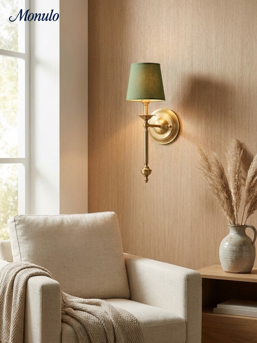 Stoffen Wandlamp met Vintage Koperen Afwerking – Sfeervolle Verlichting voor Hal, Slaapkamer en Woonkamer | Sansoti