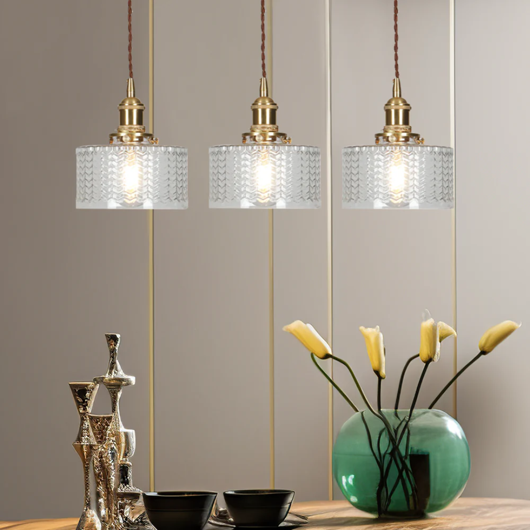 Suspension Quilivon verre laiton vert E27 cuisine table à manger éclairage rétro verre cannelé design | Restfield
