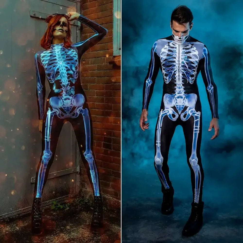 Kostium szkieletu typu bodysuit na całe ciało z anatomicznym nadrukiem kości na imprezy tematyczne i Halloween | Sansoti