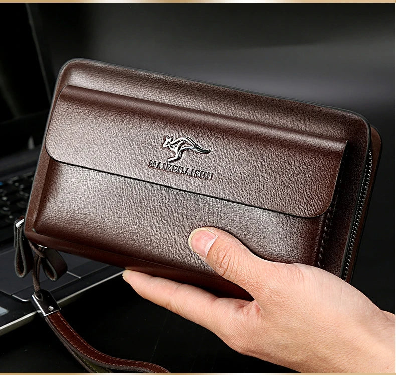 Pochette compacte pour homme avec dragonne, noir et marron, similicuir, compartiments, porte-cartes, portefeuille, organiseur, fermeture éclair | Sansoti