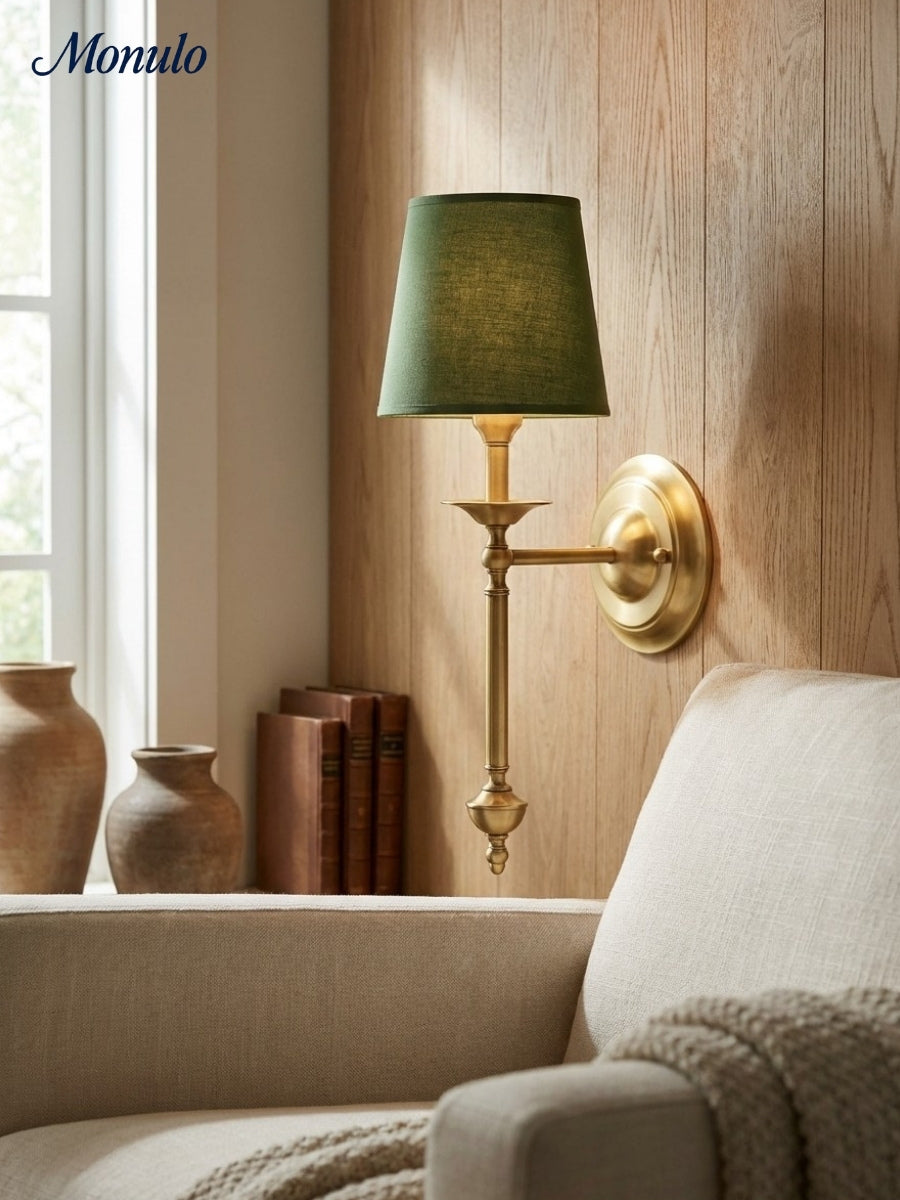 Stoffen Wandlamp met Vintage Koperen Afwerking – Sfeervolle Verlichting voor Hal, Slaapkamer en Woonkamer | Sansoti
