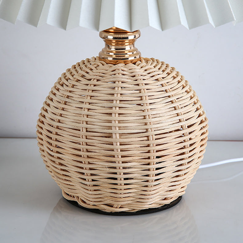 Rattan Tischlampe Plissee Schirm USB 5W Schlafzimmer Nachttisch Skandinavisch Boho Stimmungslicht Rattan Schreibtisch Leselampe | Restfield