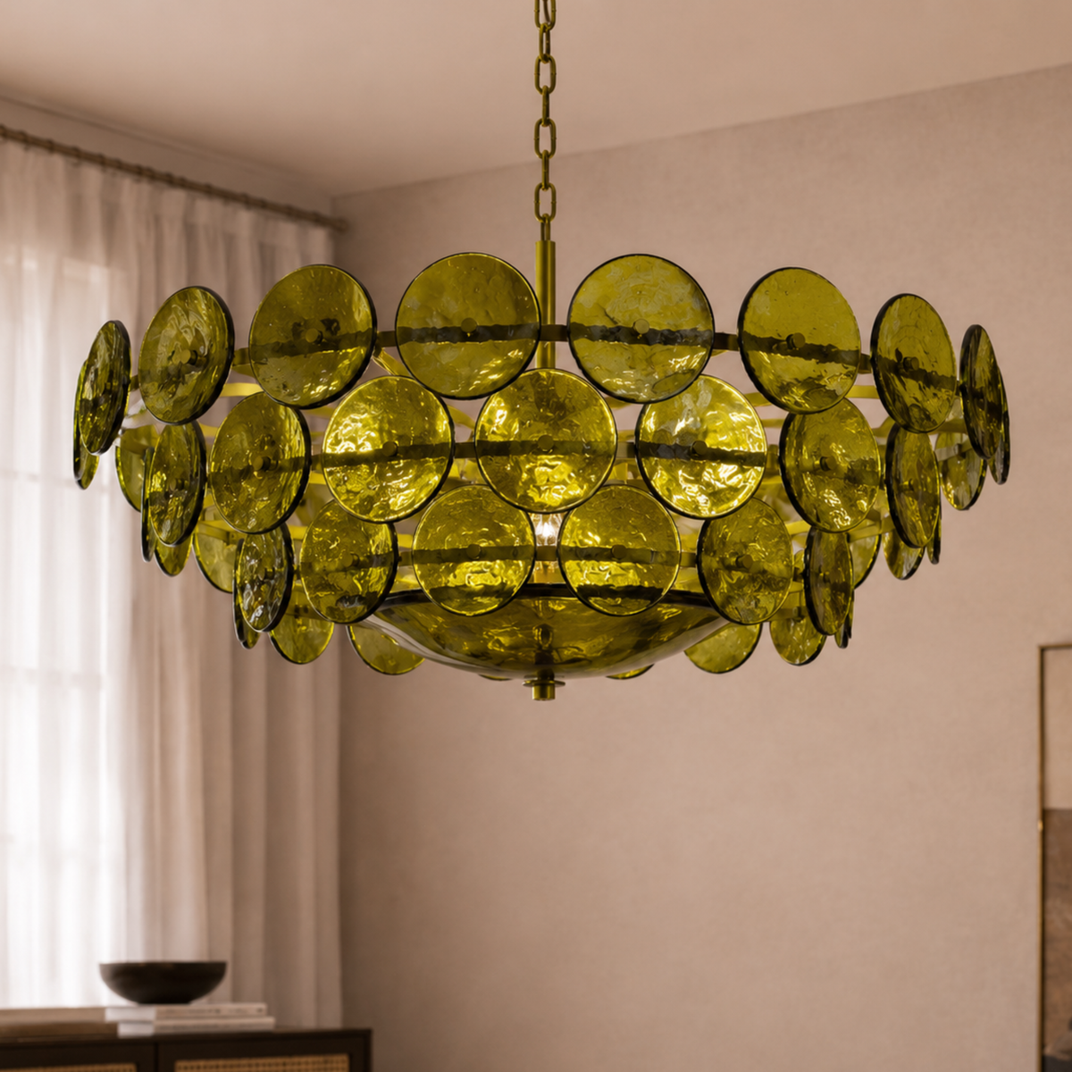 Runder Kronleuchter aus grünem Glas mit verstellbarer Kette, Deckenleuchte im skandinavischen Design für Wohnzimmer und Esszimmer | Sansoti