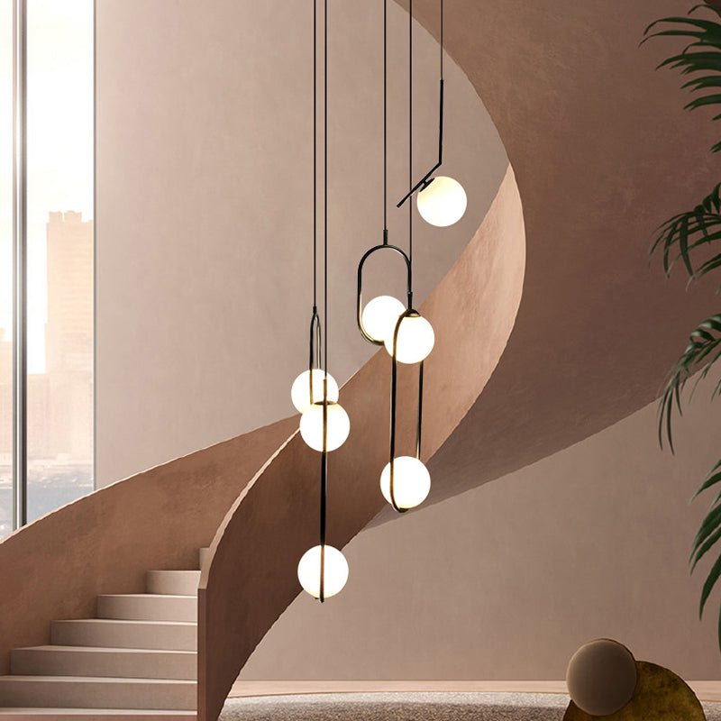 Glazen Bolkroonluchter – Zwart Metalen Hanglamp met Meerdere Glazen Bollen voor Trappenhuis, Eetkamer, Woonkamer | Sansoti