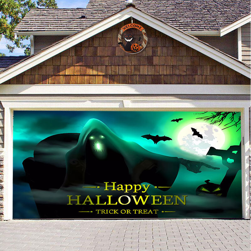 Halloween Garagedeur Decoratie Spookachtige Bedrukking Schaduwdoek Herbruikbaar Horror Sfeer Doek Waterdicht Buiten Feestversiering | Sansoti