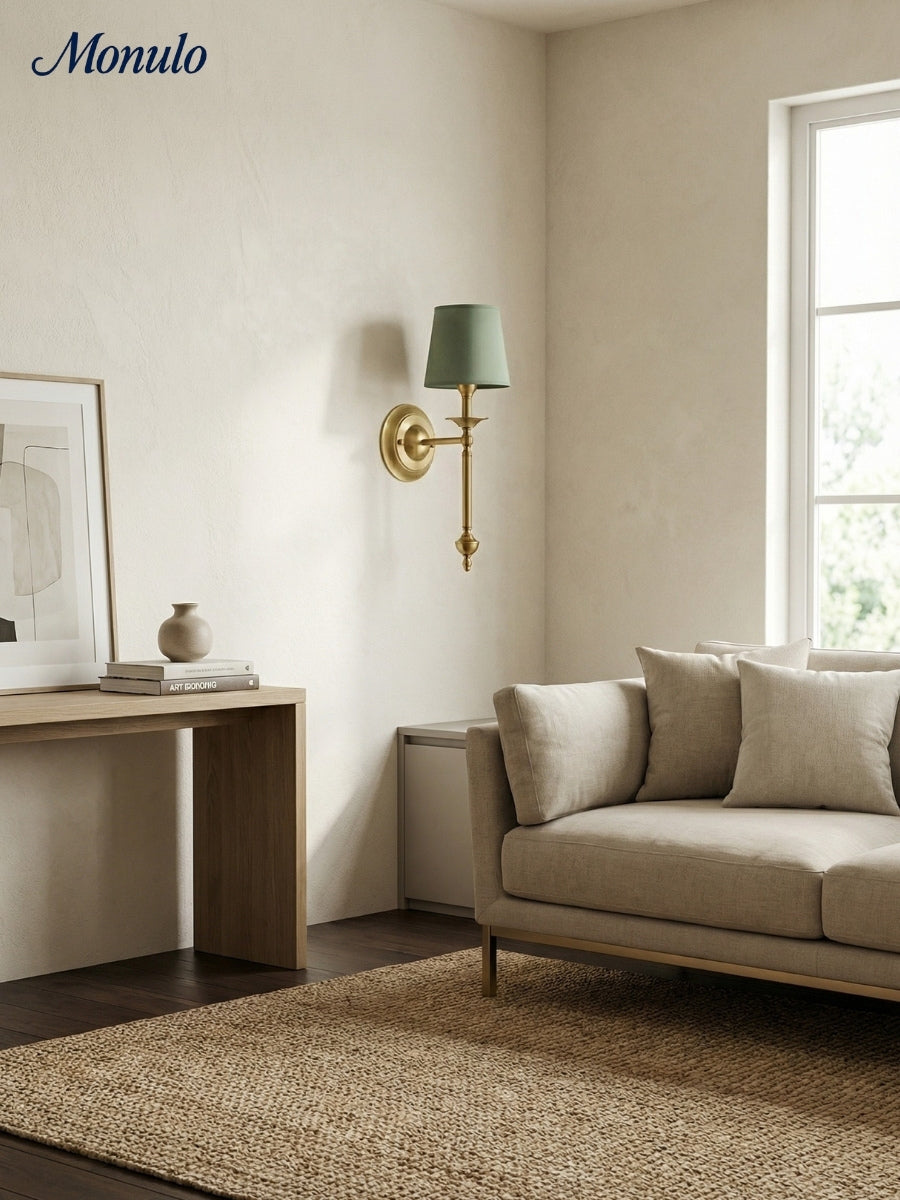 Stoffen Wandlamp met Vintage Koperen Afwerking – Sfeervolle Verlichting voor Hal, Slaapkamer en Woonkamer | Sansoti