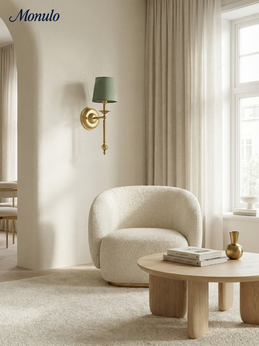 Stoffen Wandlamp met Vintage Koperen Afwerking – Sfeervolle Verlichting voor Hal, Slaapkamer en Woonkamer | Sansoti