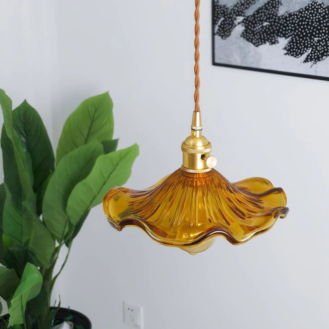 Suspension Verre E27 23cm Vert Laiton Forme fleur Table à manger Chambre Éclairage rétro Vintage | Restfield
