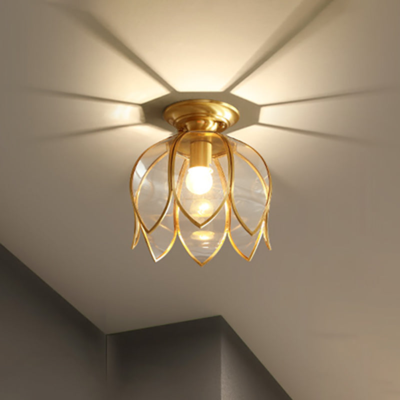 Lotusplafondlamp 9" Messing Helder Glas Vintage Landelijke Stijl Gangverlichting Retro Plafondlamp Klassiek Interieur | Sansoti