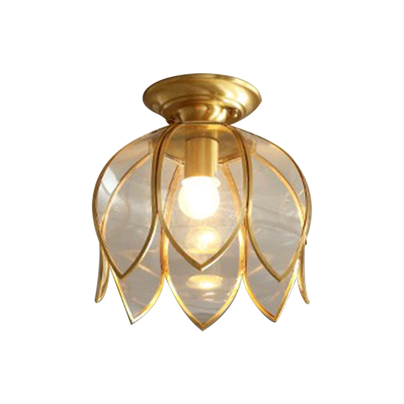 Lotusplafondlamp 9" Messing Helder Glas Vintage Landelijke Stijl Gangverlichting Retro Plafondlamp Klassiek Interieur | Sansoti