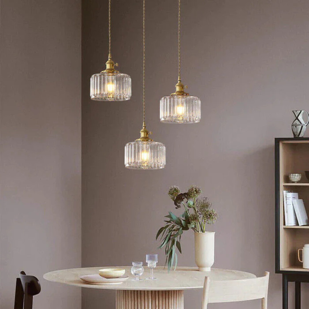 Suspension Quilivon verre laiton vert E27 cuisine table à manger éclairage rétro verre cannelé design | Restfield