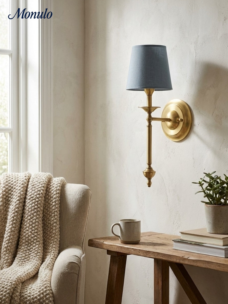 Stoffen Wandlamp met Vintage Koperen Afwerking – Sfeervolle Verlichting voor Hal, Slaapkamer en Woonkamer | Sansoti