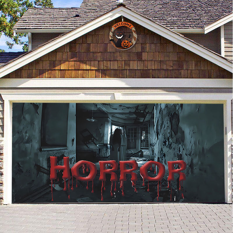 Halloween Garagedeur Decoratie Spookachtige Bedrukking Schaduwdoek Herbruikbaar Horror Sfeer Doek Waterdicht Buiten Feestversiering | Sansoti