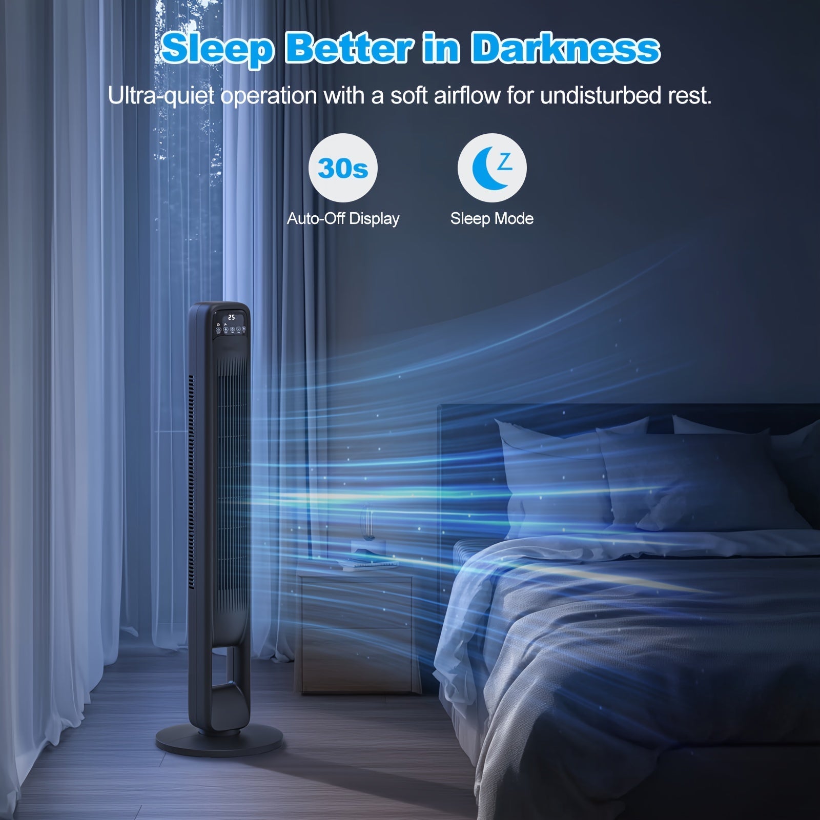 Bladloze Torenventilator 106 cm Zwart Stil 3 Snelheden 12u Timer Oscillerend 60° LED Display Slaapkamer Kantoor Woonkamer | Sansoti