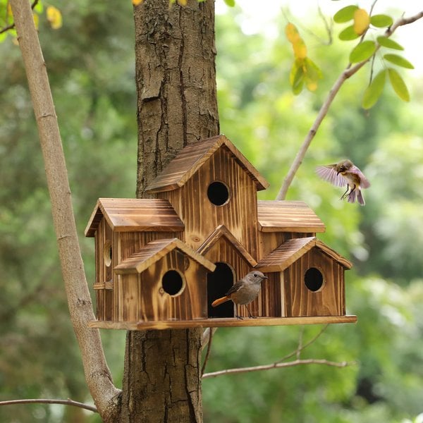 Vogelhuisje Hout 20cm Bruin Hangend Tuin Vogelhuis Nestkast 6 Gaten Buiten Balkon Decoratie Natuur | Sansoti