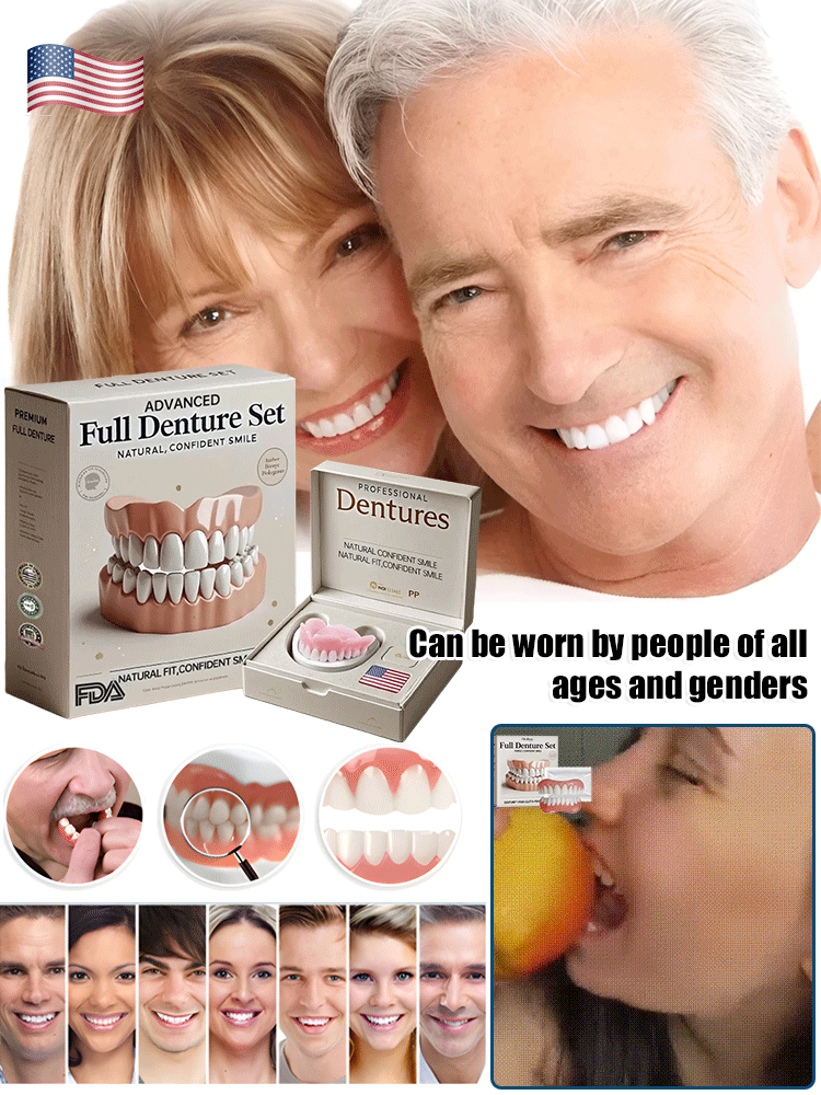 Adjustable cosmetic denture set, upper and lower, moldable, natural white, reusable tooth replacement | Sansoti