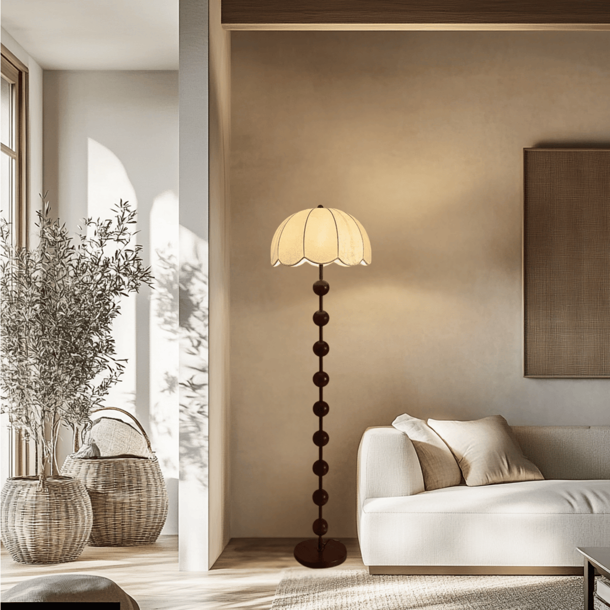 Beige Mushroom Floor Lamp 160cm with Walnut Base, Minimalist Scandinavian Design, Ambient Lighting | Sansoti