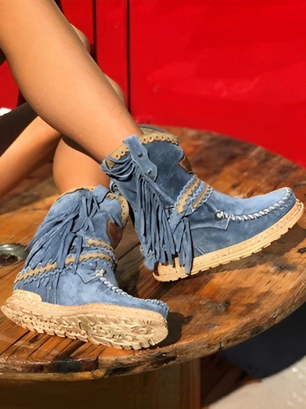 Boho Laarsjes met Franje voor Dames – Suède Western Stijl met Comfort Loopzool | Sansoti