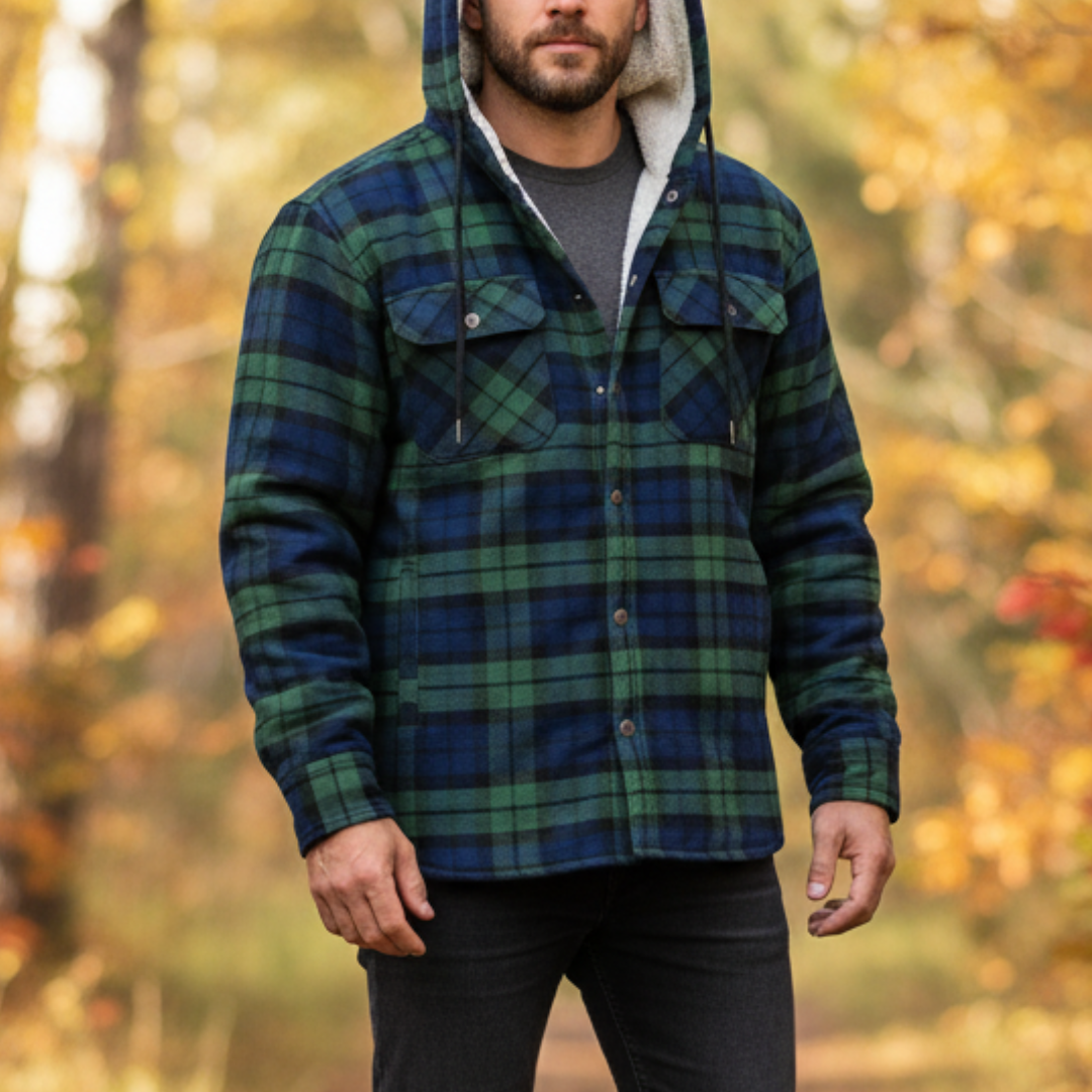 Gefüttertes Flanell-Overshirt für Herren, kariertes Hemdjacke mit Kapuze, warme Winterjacke, Herbst-Outdoor-Arbeitskleidung | Sansoti