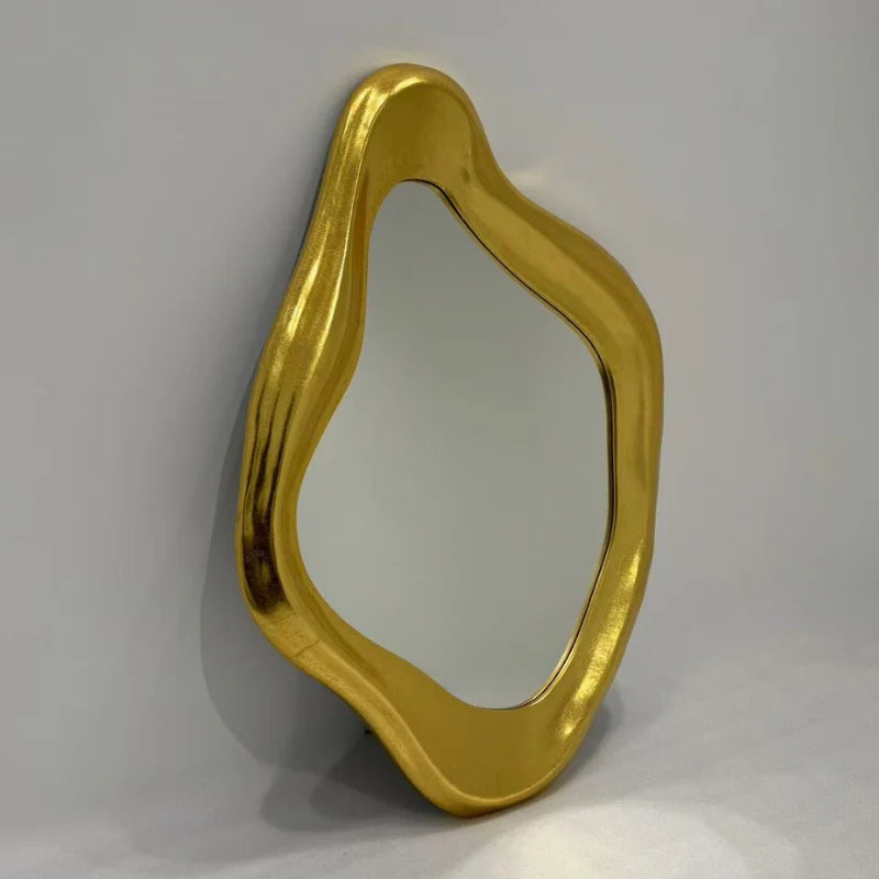 Asymmetrical Wall Mirror with Gold-Colored Wooden Frame – Organic Mirror Modern Wall Decoration | Sansoti