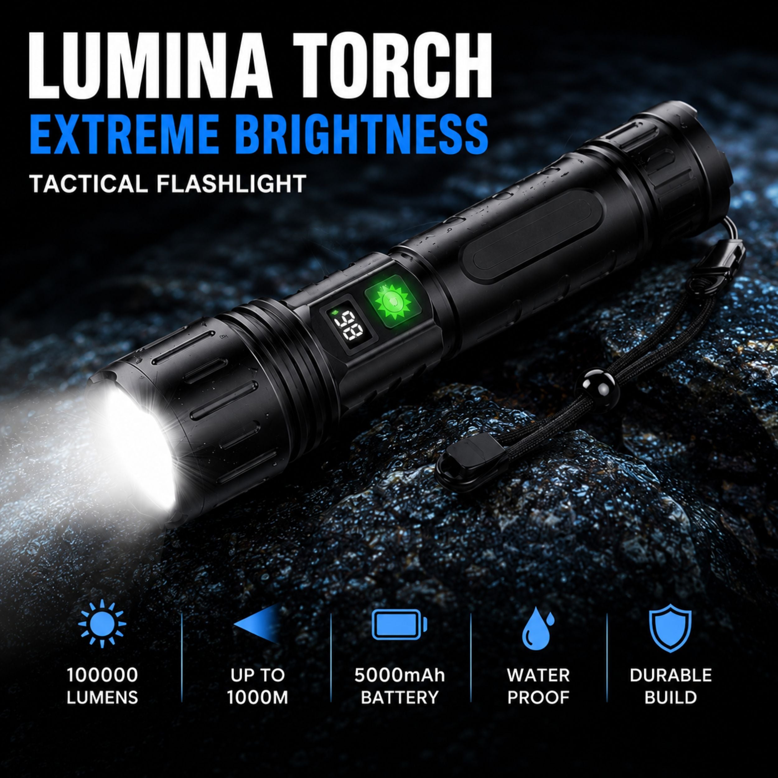 Tactische Zaklamp met Oplaadbare 5000mAh Batterij - Krachtige LED 100000 Lumen - Waterdicht & Schokbestendig - Met LCD Batterij-indicator & Powerbank Functie | Sansoti