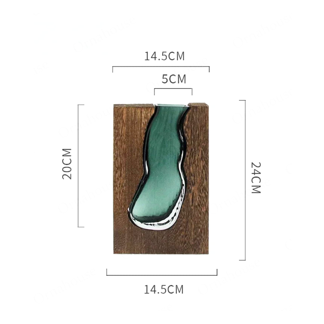 Glazen vaas met natuurlijke houtrand live edge stijl Scandinavisch design decoratief voor bloemen | Sansoti